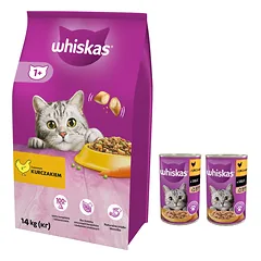 WHISKAS Adult 14kg - sausas kačių maistas su vištiena ir daržovėmis + WHISKAS Adult konservų dėžutė 2x400g