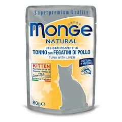 MONGE Buste Kitten Maistas Tunas su vištienos kepenėlėmis 80g
