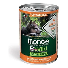 Monge BWild Puppy & Junior Duck, Pumpkin & Zucchini begrūdžiai konservai šuniukams padaže