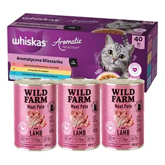 WHISKAS Adult Aromatic Mix 40x85 g - drėgnas kačių maistas + WILD FARM Paštetas su ėriena 3x400g - ėdalas katėms be glitimo