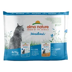 Almo Nature Holistic Sterilised drėgnas maistas sterilizuotoms katėms su menke ir vištiena, 6×70 g