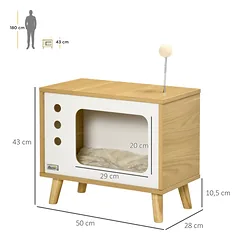 Katės namelis TV dizaino, su žaislu, skalbiama pagalvėle, 50 x 28 x 43 cm, ąžuolo, smėlio ir baltos spalvos — 3 nuotrauka