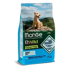 Monge Bwild GF Mini su ančiuviais, bulvėmis ir žirneliais be grūdų sausas maistas suaugusiems mažų veislių šunims su ančiuviais, bulvėmis ir žirneliais, 2,5 kg