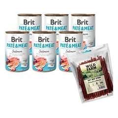 BRIT PATE & MEAT SALMON 6x400g + WILD FARM jautienos lazdelės 500g skanėstai šunims