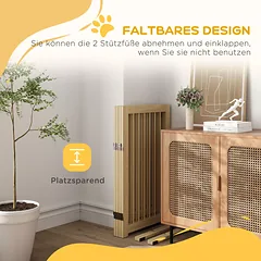 Laisvai statoma sulankstoma šunų tvorelė su durelėmis ir atraminėmis kojelėmis, pušies mediena, 220 x 36 x 91 cm, natūralios medienos spalvos — 4 nuotrauka