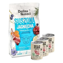 DOLINA NOTECI Premium Lamb – džiovintas šunų maistas, 9 kg + Wild Farm Pate Lamb 3x400g ėrienos ėdalas šunims be glitimo