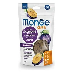 Monge Cat Gift Meat Minis Hairball Adult Rich in Fresh Salmon with Plum 50 g