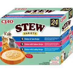 INABA Cat Ciao Stew - papildomas ėdalas katėms su vištienos, tuno, lašišos ir šukučių skoniu 24x40g