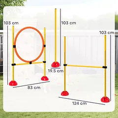 Šunų agility rinkinys: šuolių kliūtis, lankas ir slalomo stulpelis su pildomais pagrindais, geltonas — 3 nuotrauka