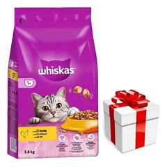 WHISKAS Adult 3,8 kg - sausas ėdalas suaugusioms katėms su gardžia vištiena + Staigmena katei