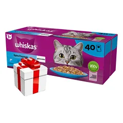 WHISKAS Adult paketėliai 40 x 85 g Fishy Treats - drėgnas maistas suaugusioms katėms drebučiuose (su lašiša, tunu, menke, balta žuvimi) + Staigmena katei