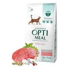 OPTIMEAL™. Visavertis sausas maistas sterilizuotoms katėms ir kastruotiems katinams su dideliu kiekiu jautienos ir sorgo žolelėmis