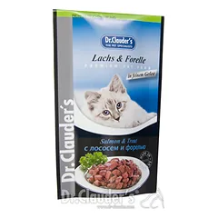 DR. CLAUDER’S drėgnas maistas katėms su lašiša ir upėtakiu drebučiuose 100 g