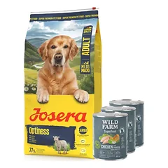 JOSERA Adult Optiness 12,5kg + WILD FARM Superfood Chicken (Vištiena su moliūgais, obuoliais ir žolelėmis) 3x800 g pašaro šunims be grūdų