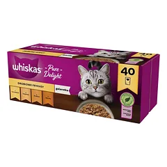 WHISKAS Suaugusiems skirtas troškinys 4 x 40 x 85 g paukštienos skonio šlapias katėms skirtas ėdalas drebučiuose (su vištiena, antiena, paukštiena, kalakutiena) 3+1 NEMOKAMAI