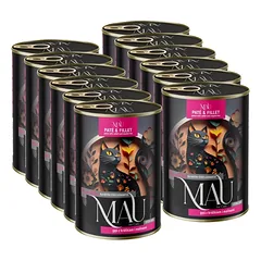 MAU paštetas ir filė – drėgnas maistas sterilizuotam katinui su žąsimi, triušiu ir avietėmis, 12x400 g