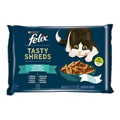 FELIX Tasty Shreds drėgnas kačių ėdalas su lašiša ir tunu padaže 24x80g (6x4x80g)