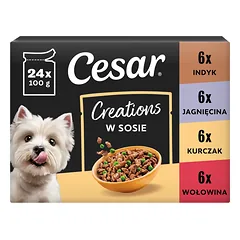 Cesar Creations 24×100 g Jautiena su morkomis, Vištiena su žirneliais, Ėriena su daržovėmis ir Kalakutiena su morkomis padaže