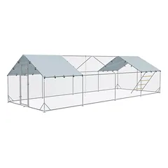 Vištidė, vištų aptvaras su UV spinduliams atspariu tentu, plieniniu tinklu, pašarų automatu, 24–30 vištų, 3 x 8 x 1,95 m, sidabrinis