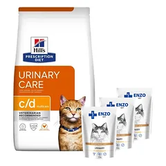 HILL'S PD Prescription Diet Feline c/d Multicare Chicken 3kg + ENZO VET šlapalas su vištiena padaže katėms 3x100g