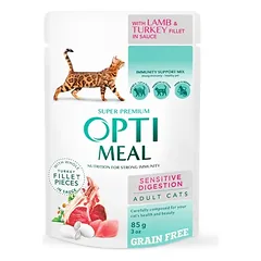 OPTIMEAL™. Visavertis konservuotas ėdalas suaugusioms katėms jautriam virškinimo traktui su ėriena ir kalakutienos filė padaže 85g.x12vnt.