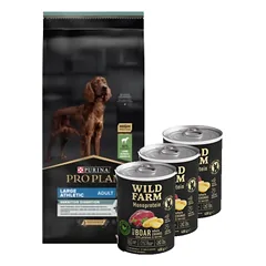 Purina Pro Plan Large Adult Athletic Optidigest, ėriena ir ryžiai 14kg + Wild Farm Monoprotein Wild Boar 3x400g hipoalerginis šunų ėdalas