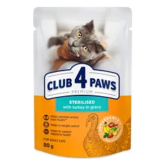 CLUB 4 PAWS Premium konservuotas pašaras su kalakutiena suaugusioms sterilizuotoms katėms, 80 g