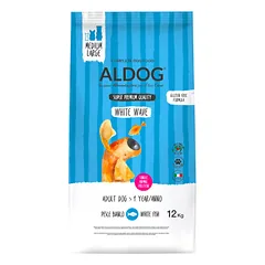 ALDOG White Wave sausas maistas vidutinių ir didelių veislių šunims su balta žuvimi, ryžiais, 12 kg