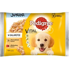 PEDIGREE Junior paketėlis 4x100g - drėgnas želė ėdalas šunims (su vištiena ir ryžiais, su jautiena ir ryžiais)