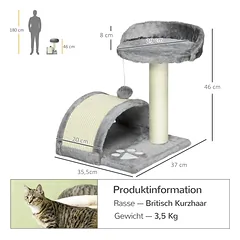 Kačių draskyklė su nameliu, kamuoliuku ir paaukštinta platforma, 46 cm, katėms iki 4 kg, pilka — 3 nuotrauka