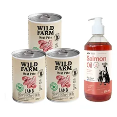 Wild Farm Pate Lamb 3x400g ėrienos ėdalas šunims be glitimo + LAB V Lašišų aliejus šunims ir katėms 500ml
