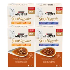Gourmet Soup Royale suaugusių kačių maistas su vištiena, kalakutiena ir jautiena 12 x 45 g + su lašiša, plekšne ir menke 12 x 45 g