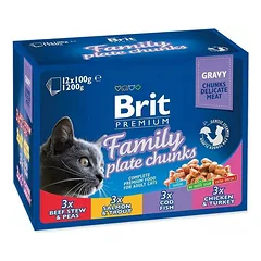 Brit Premium Cat Pouches Family Plate drėgnas maistas suaugusioms katėms, įvairių skonių rinkinys, 12 x 100 g
