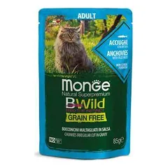 Monge BWILD Cat Pouches begrūdis drėgnas maistas katėms su ančiuviais ir daržovėmis, 85 g