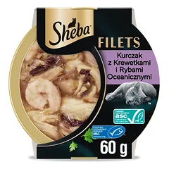 SHEBA Filetai su vištiena, jūros žuvimi ir krevetėmis padaže, 60 g dėžutė