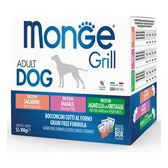Konservuotas pašaras šunims MONGE Grill Mix Adult su lašiša, kiauliena ir ėriena 100gx12vnt.