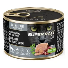 SUPER RAFI Cat su perlinėmis vištienos ir anties širdelėmis 185g drėgnas maistas sterilizuotiems katėms