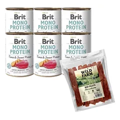 BRIT MONO PROTEIN TUNA & SWEET POTATO 6x400g + WILD FARM jautienos filė 500g skanėstai šunims
