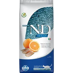 „FARMINA N&D Ocean Cat Adult Herring & Orange“ – sausas kačių maistas su silkėmis ir apelsinais, 2 x 10 kg