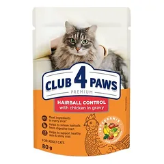 CLUB 4 PAWS Premium visavertis konservuotas maistas suaugusioms katėms palengvinantis plaukų sąvėlų šalinimą 80g.x24vnt.