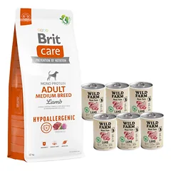 BRIT CARE Dog Hypoallergenic Adult Medium Breed Lamb 12kg + Wild Farm Pate Lamb 6x400g ėrienos ėdalas šunims be glitimo