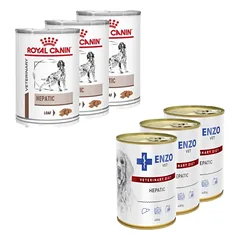 ROYAL CANIN Hepatic HF 16 3x420g skardinė + ENZO VET Hepatic nuo kepenų ligų šunims 3x400g