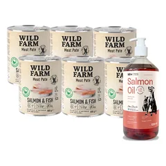 WILD FARM Pate Salmon&Fish 6x800g ėdalas šunims be glitimo + LAB V Lašišų aliejus šunims ir katėms 1000ml