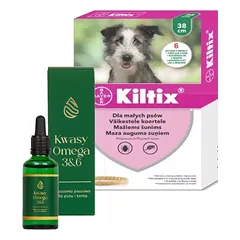 Bayer KILTIX, antkaklis mažiems šunims 38cm + LAB-V Omega 3 ir 6 riebalų rūgštys bendrai šunų ir kačių sveikatos, kailio ir odos būklei gerinti 100ml nuotrauka