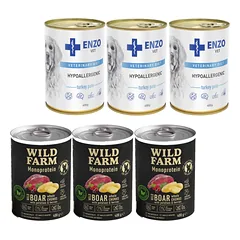 Wild Farm Monoprotein Wild Boar 3x400g hipoalerginis šunų ėdalas + ENZO VET Hipoalerginė dieta su kalakutiena šunims 3x400g