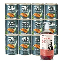 Wild Farm Superfood Salmon lašiša 12x400 g pašaro šunims be grūdų + LAB V Lašišų aliejus šunims ir katėms 1000ml