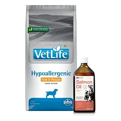 FARMINA Vet Life Hypoallergenic Fish & Potato 12kg + Lab-V 100% lašišų aliejus įvairaus amžiaus šunims ir katėms 500ml šalto spaudimo