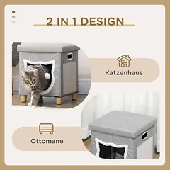 Kačių namelis PawHut 35,5x35,5x42,5cm., pilkos/šviesiai rudos spalvos — 4 nuotrauka