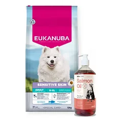  EUKANUBA Special Care Sensitive Skin suaugusiems šunims su jautria oda, 12 kg + LAB V Lašišų aliejus šunims ir katėms 1000ml
