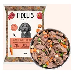 FIDELIS šaldytas BARF maistas šunims su jautiena, batatais, obuoliais ir brokoliais (500 g)